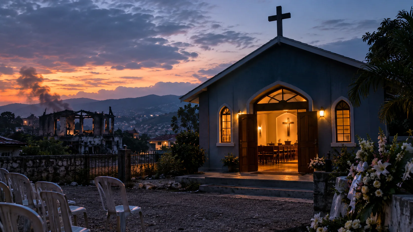 Editorial illustration of a church in Haiti after gang violence, with memorial flowers, empty chairs and damaged buildings nearby.