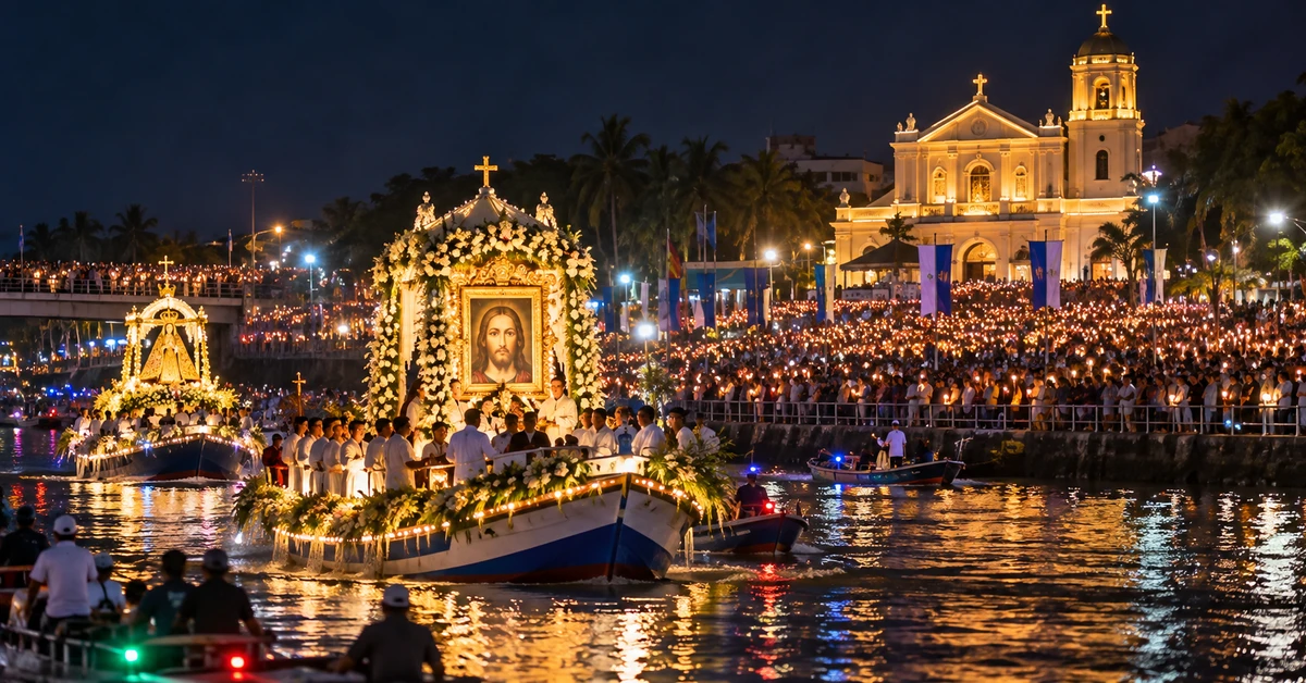 Illustrative editorial artwork depicting a large nighttime Christian river procession in the Philippines, with illuminated devotional images, boats and crowds.