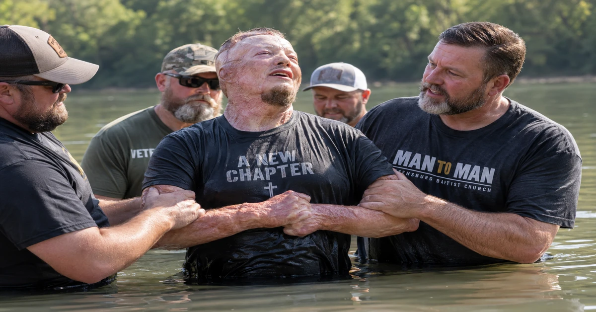 Editorial illustration representing a veteran being supported by several men during a river baptism.