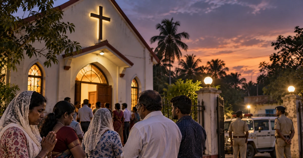 Illustrative editorial artwork depicting Christians gathering at a church in West Bengal with police present nearby.