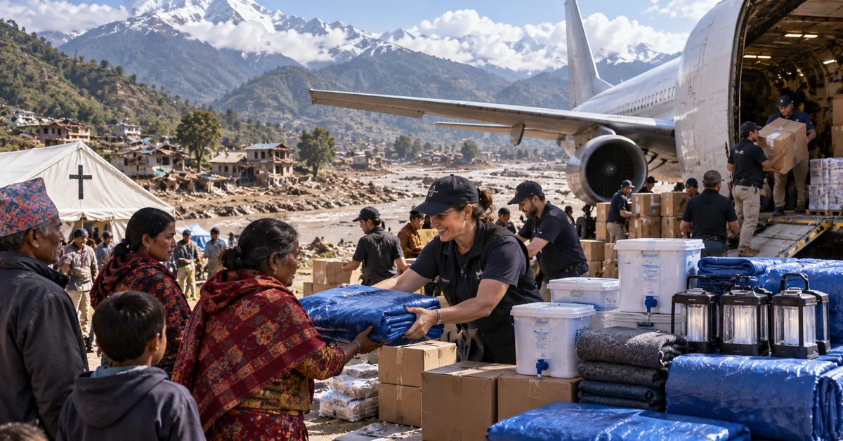 Illustrative editorial artwork depicting Christian humanitarian workers distributing emergency supplies to flood-affected families in Nepal.
