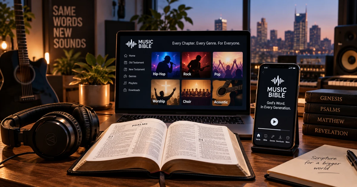 Illustrative editorial artwork showing an open Bible, headphones and digital music interfaces representing the Music Bible project.