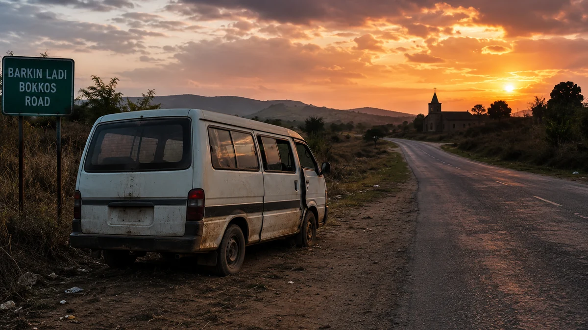 Editorial illustration of an abandoned minibus on a road in Nigeria's Plateau State following the abduction of two Christian pastors.