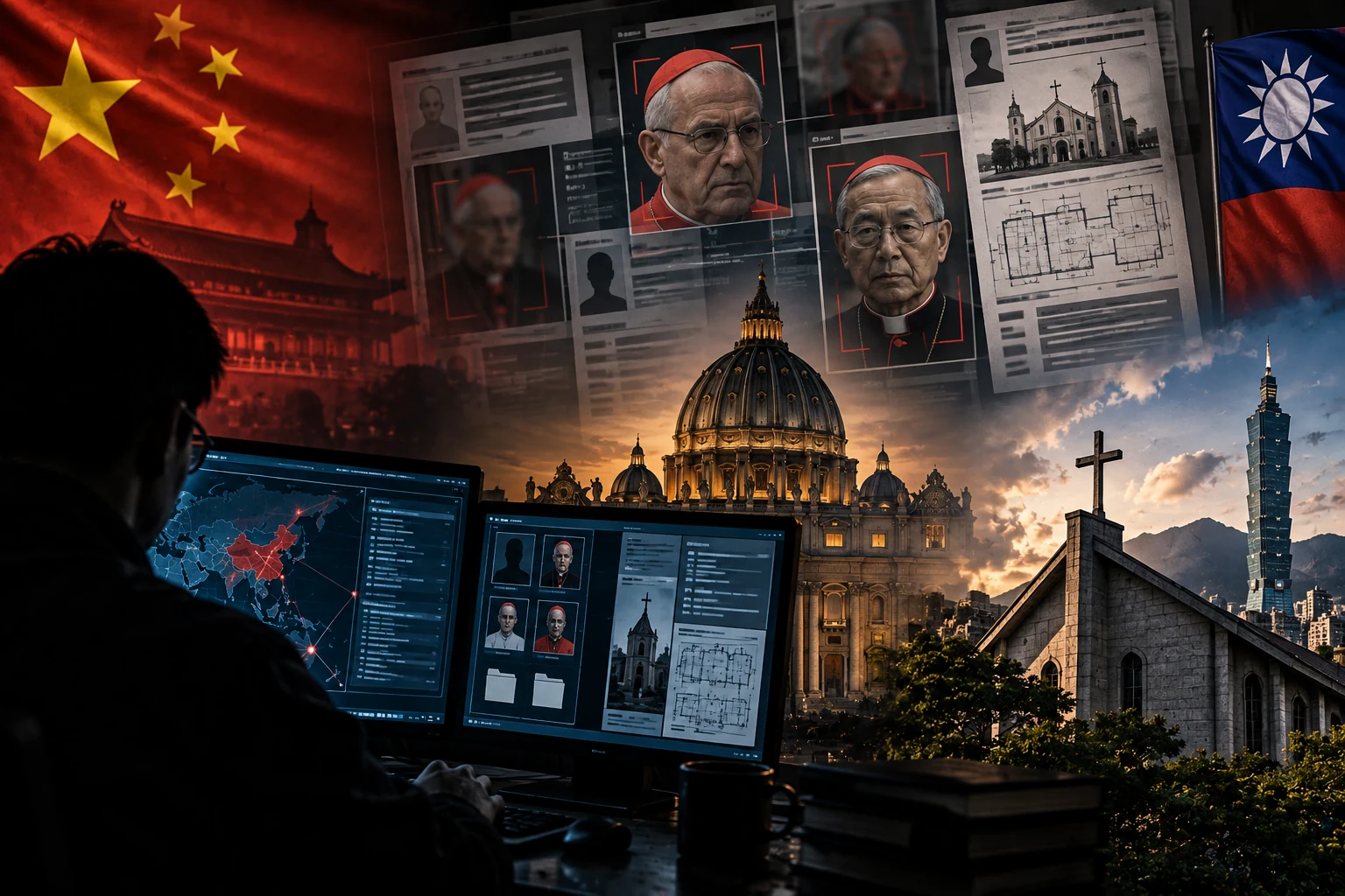 Editorial illustration of an analyst monitoring dossiers on Catholic and Taiwanese Christian leaders alongside church plans, maps and surveillance screens.