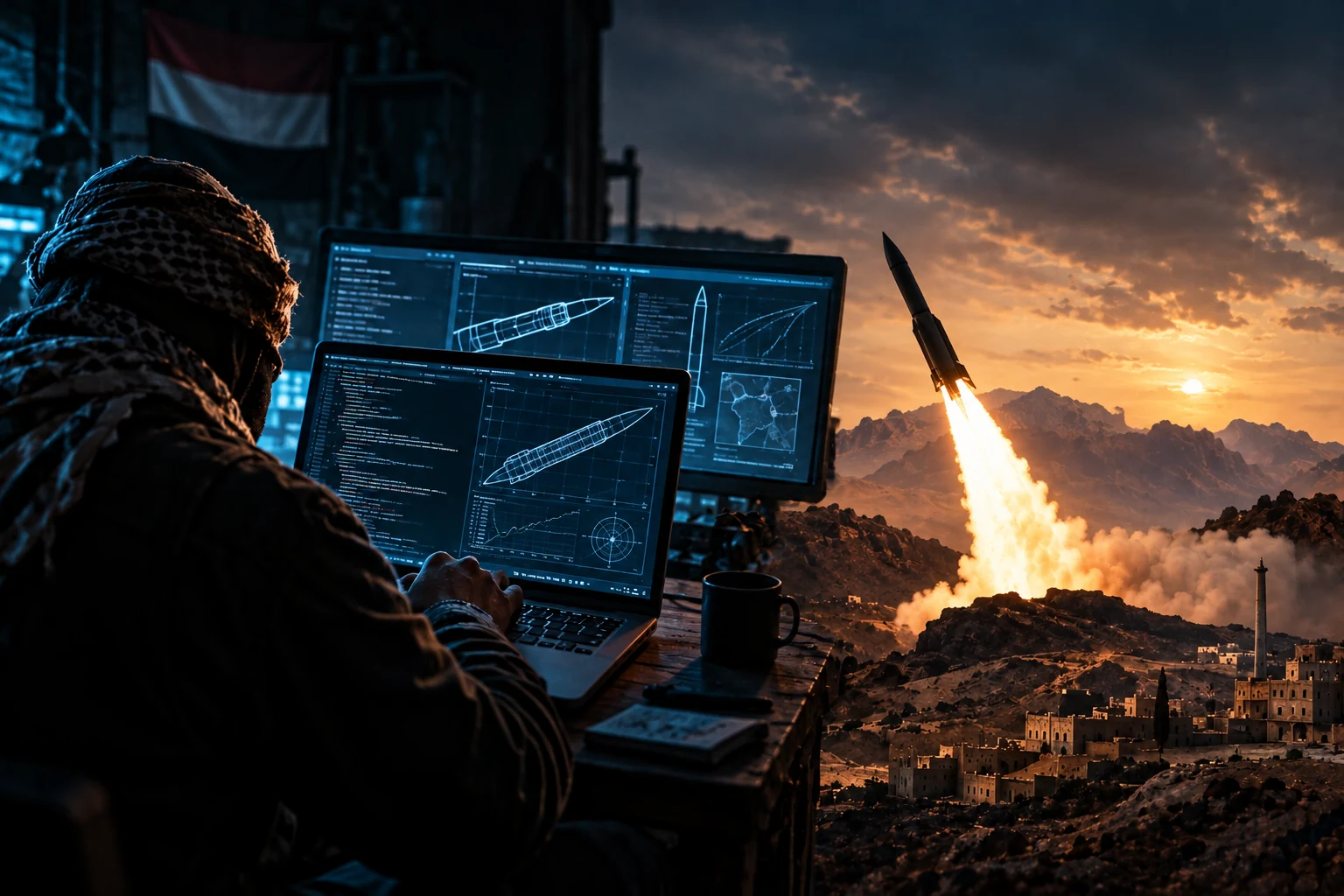 Editorial illustration of a computer operator working with missile guidance software as a rocket launches over a mountainous landscape in Yemen.