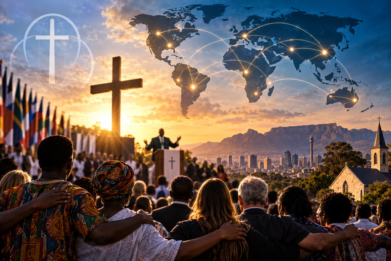 Editorial illustration of a diverse global Christian gathering in Johannesburg with a cross, international flags and a world map symbolising worldwide church growth.