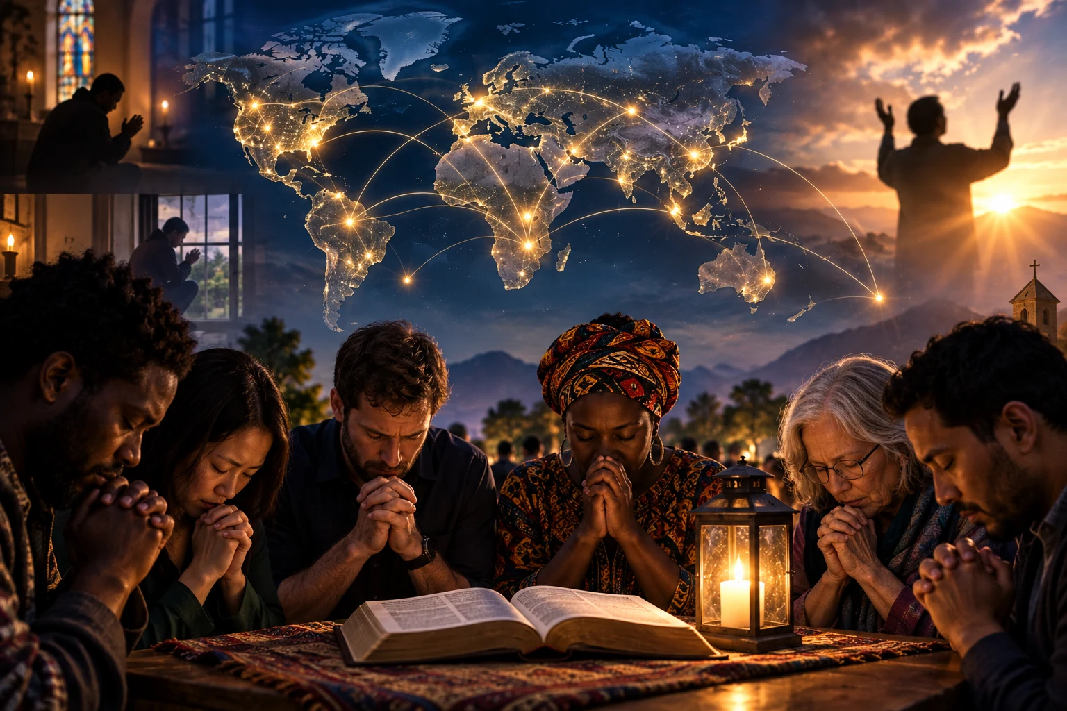 Editorial illustration of Christians from different backgrounds praying together before an open Bible with a glowing world map symbolising global prayer.
