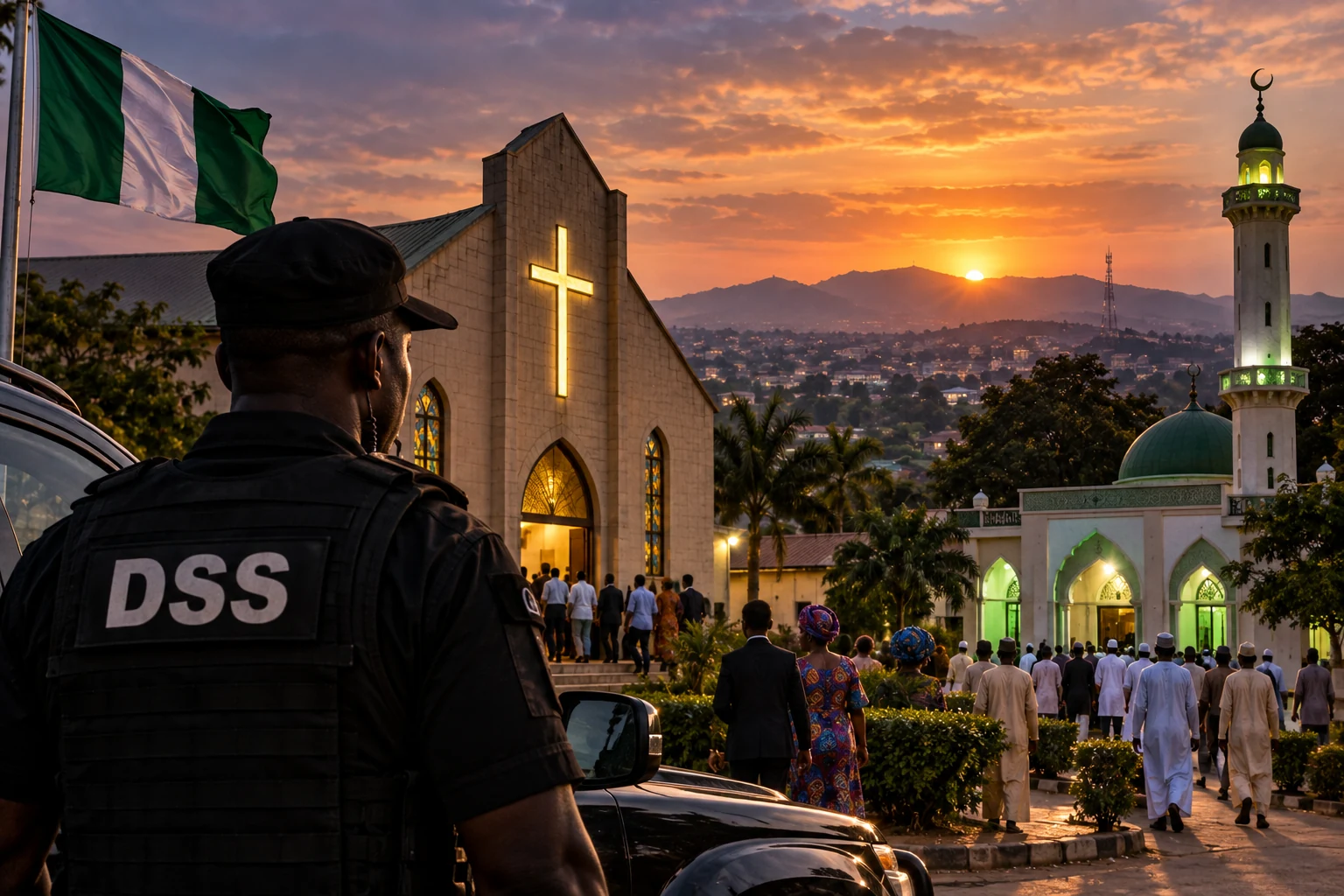 Editorial illustration of a Nigerian security officer watching over worshippers entering a church and mosque at sunset after a reported terrorism warning in Osun State.