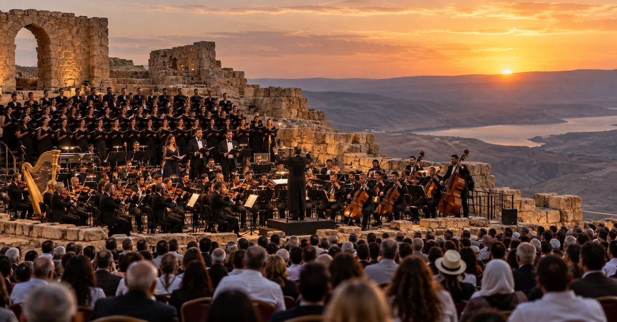 Illustrative artwork of an outdoor orchestra and choir performing at an ancient hilltop site at sunset