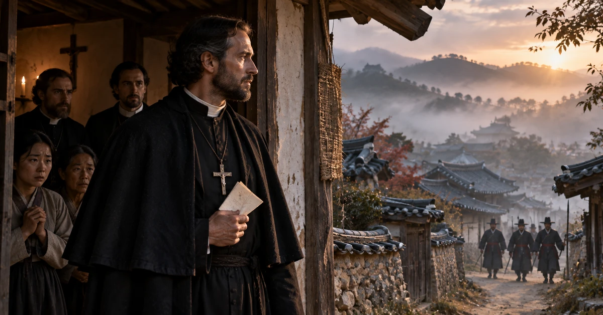 Illustrative historical artwork depicting Bishop Laurent Imbert preparing to surrender during the 1839 persecution of Catholics in Joseon Korea.