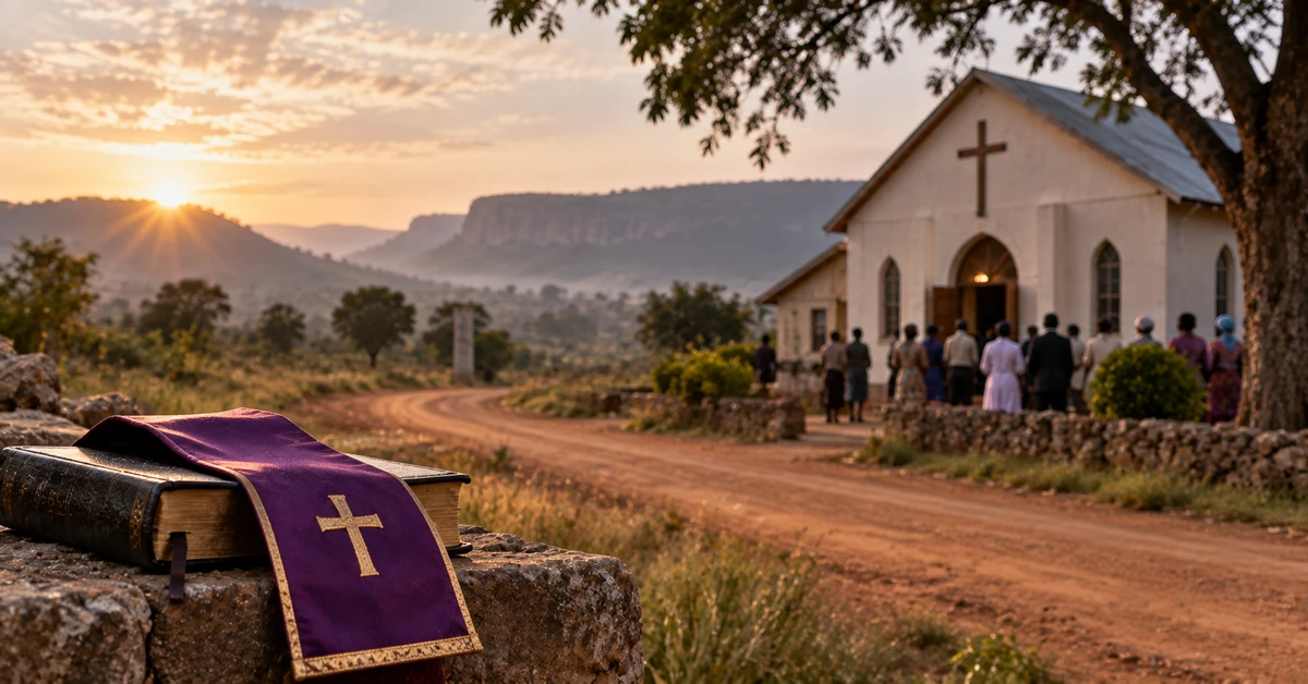 Illustrative editorial artwork depicting a Bible and pastoral stole beside a rural road leading towards a church in Nigeria.