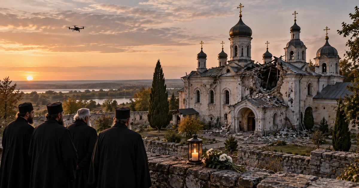 Illustrative editorial artwork depicting Orthodox clergy overlooking a war-damaged monastery with a drone visible in the distance.