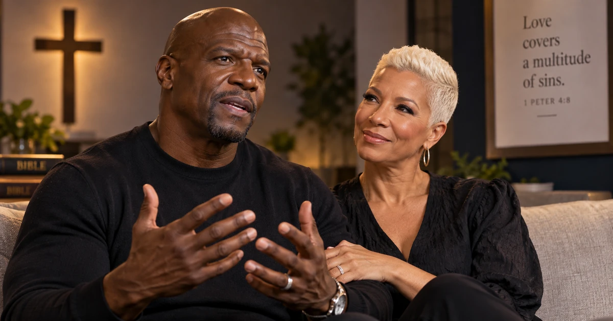 Illustrative editorial artwork depicting Terry Crews and his wife in a warm interview setting.