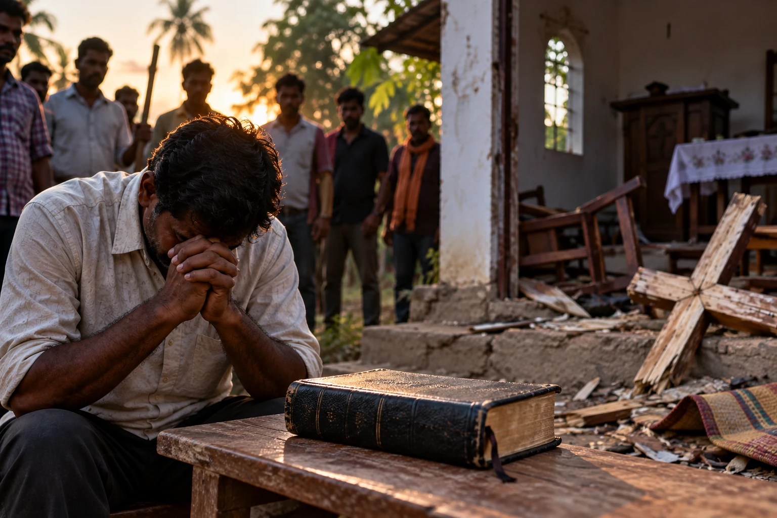 Editorial illustration of a Christian pastor praying beside a Bible after an alleged attack on a prayer meeting in West Bengal, India.
